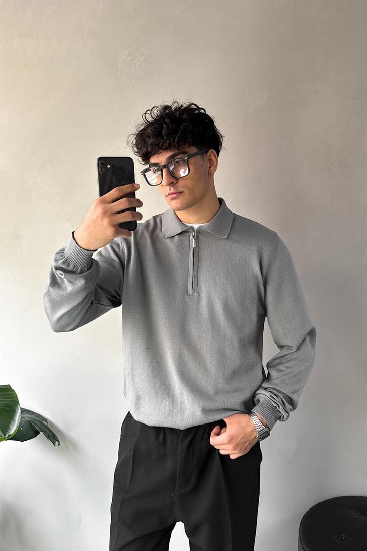 Half Zip Polo Neck Fine Knitwear Gray Sweater