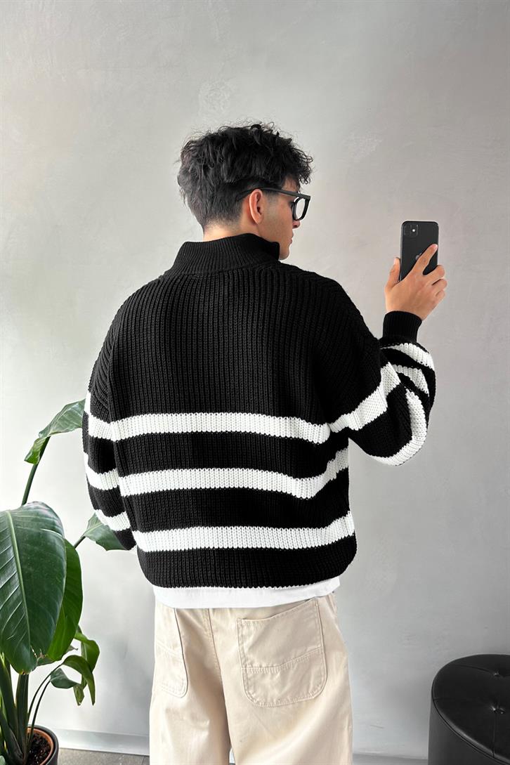 Half Zip Half Turtleneck Black Striped Sweater