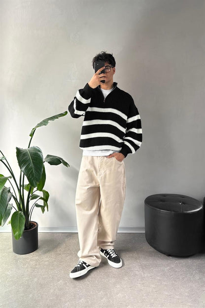 Half Zip Half Turtleneck Black Striped Sweater