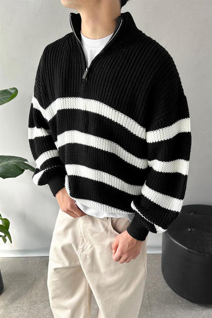 Half Zip Half Turtleneck Black Striped Sweater