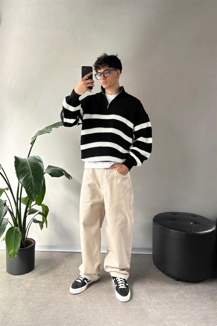 Half Zip Half Turtleneck Black Striped Sweater