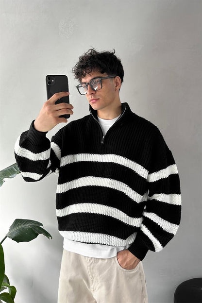 Half Zip Half Turtleneck Black Striped Sweater