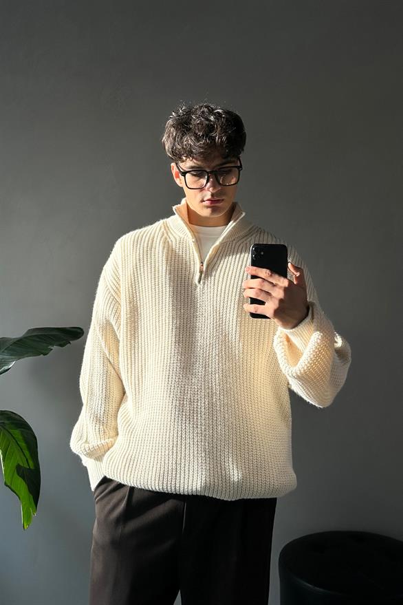 Half Zip Half Fisherman Stone Color Knitwear Sweater