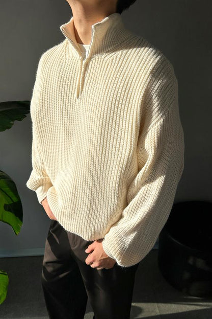 Half Zip Half Fisherman Stone Color Knitwear Sweater