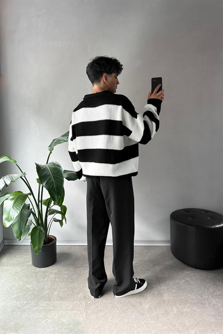 Polo Neck Striped Black Sweater