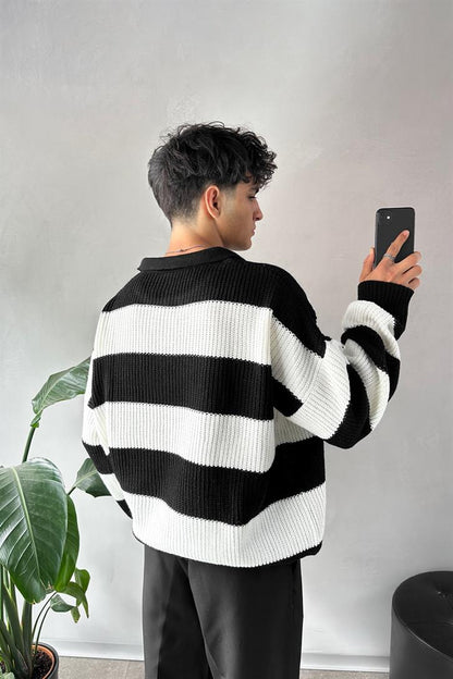 Polo Neck Striped Black Sweater