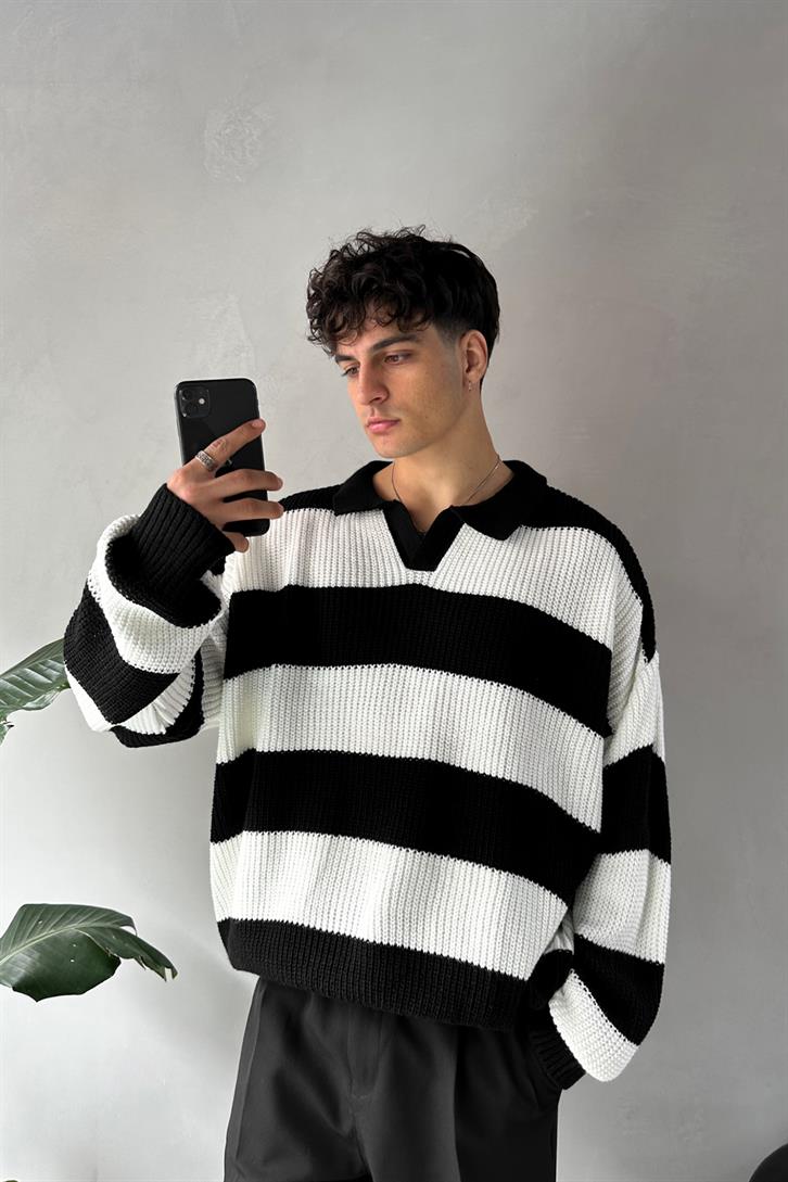 Polo Neck Striped Black Sweater