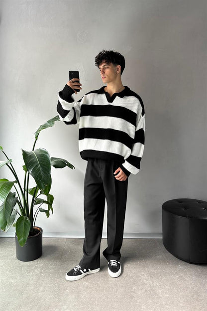 Polo Neck Striped Black Sweater