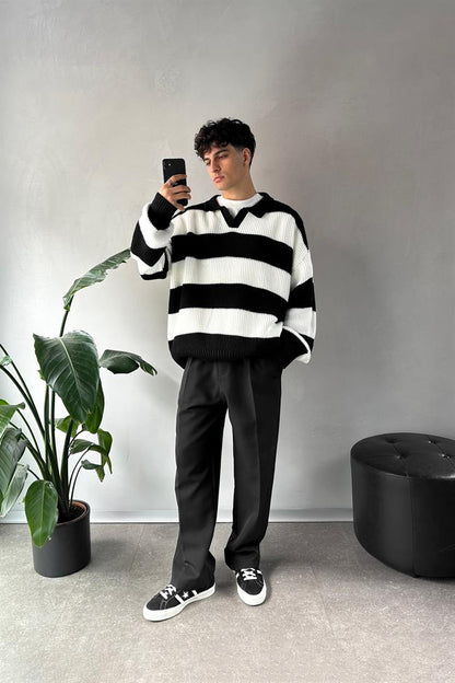 Polo Neck Striped Black Sweater